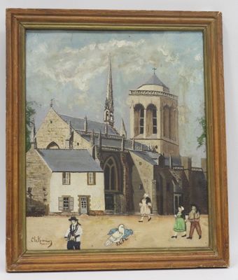 tableau représentant une église devant laquelle passent des gens