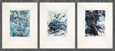 three paintings of blue and black ink on white paper hanging on a wall