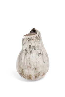 a white vase with a black top sitting on a white surface