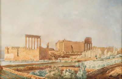 painting of a view of the temple of posena and the ruins of the temple of posena