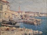 tableau représentant une scène portuaire avec des bateaux et des bâtiments en arrière-plan