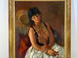 painting of a woman in a white dress sitting on a chair