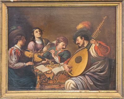 tableau représentant un groupe de musiciens jouant de leurs instruments dans une pièce