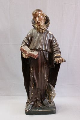 Sculpture en bois stuqué et peint représentant Saint-Antoine…