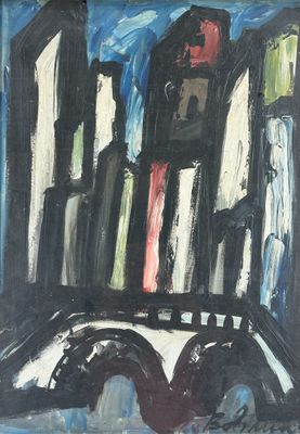 une image représentant un tableau représentant un paysage urbain sur lequel figure une horloge