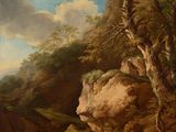 an oil painting of a rocky landscape with a river and trees in the foreground