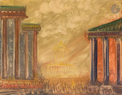 peinture représentant un tableau représentant un bâtiment avec une fontaine en son centre
