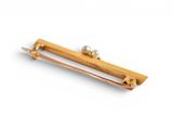 two gold tone hair pins with pearls on them on a white background