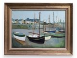 a painting of boats in a harbor with buildings in the background