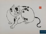 un dessin à l'encre représentant un chat assis sur une table