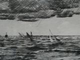 un dessin en noir et blanc représentant un voilier en pleine mer