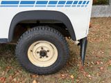 a white truck with a blue stripe parked in the grass