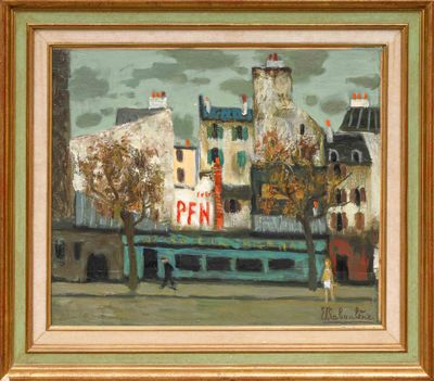 an image of a painting of a street scene with buildings in the background