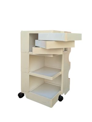 an image of a white cart with drawers on wheels