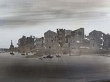 a picture of a painting of a castle in the middle of the water