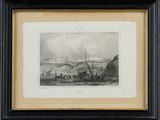 un dessin en noir et blanc représentant des bateaux sur un plan d'eau