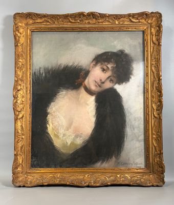 un tableau représentant une femme vêtue d'une robe noire et blanche