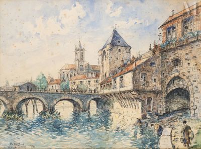 an image of a painting of a bridge over a body of water