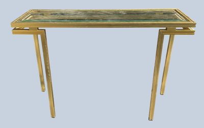 gold console table with glass top and metal legs