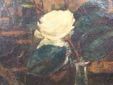 a painting of a white rose in a vase on a table