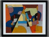 peinture abstraite composée de formes et de couleurs variées, dans un cadre noir