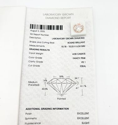 Diamant de synthèse de forme ronde de 4,00 carats. Accompagné d'un cer - Photo 1