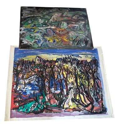 deux tableaux représentant des personnes dans un champ et un tableau représentant des arbres