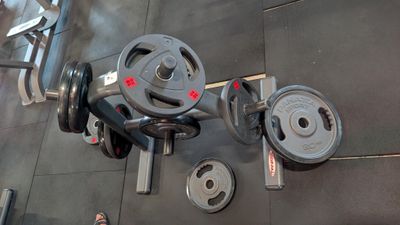 a picture of a gym equipment set up on a tiled floor