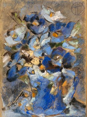 tableau représentant des fleurs bleues dans un vase bleu posé sur une table