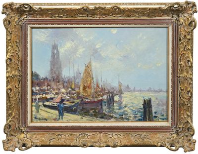 une peinture à l'huile représentant des bateaux dans un port, avec des personnes debout sur le rivage
