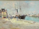 a painting of a boat on the shore of a harbor