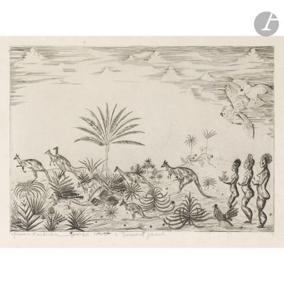a black and white drawing of a man and a woman in the desert