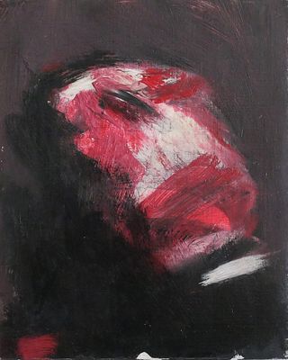 une peinture à l'huile représentant un chapeau rouge et blanc sur fond noir
