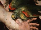 a painting of a person holding a bird in their hand
