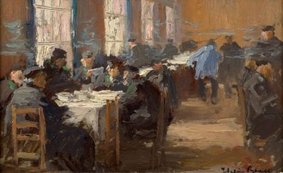 a painting of a group of people sitting at a table