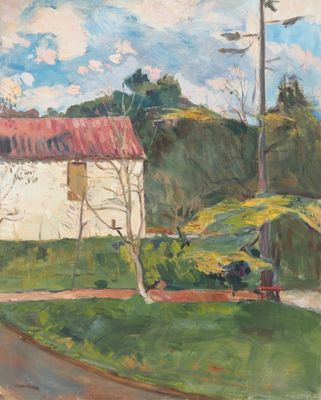 une image d'une peinture représentant une maison dans un champ