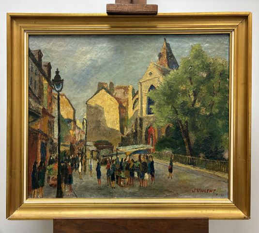 J. VINCENT Ecole française XXème : « L’église St Médard et la rue...