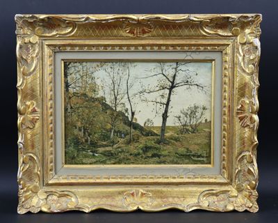 une image d'un tableau représentant un paysage avec des arbres au premier plan
