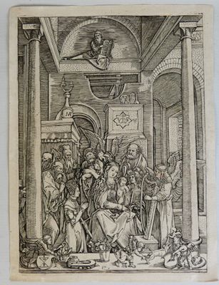 un dessin en noir et blanc représentant un groupe de personnes dans un bâtiment