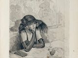 un vieux dessin en noir et blanc représentant une femme assise à une table