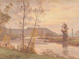 a painting of a river with trees in the foreground