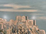 un tableau représentant un paysage désertique avec une montagne en arrière-plan