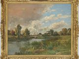 un tableau représentant une rivière avec un pont au loin
