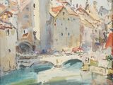 an image of a painting of a river with buildings in the background