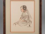 un dessin représentant une femme en robe de mariée assise sur une chaise