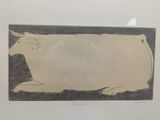 drawing of a cow laying down in a white frame on a wall