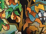 painting of two birds perched on a tree with oranges in the background