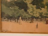 a painting of a group of people walking in a park