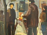 une peinture à l'huile représentant des personnes debout dans une pièce où sont accrochés des tableaux aux murs