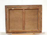 an old wooden easel with a painting on top of it on a table